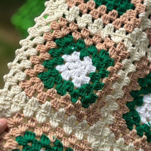 Vintage Granny Square Crochet Throw Blanket Green Beige Afghan Lap Sofa Blanket - Picture 3 of 8